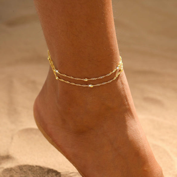 Women's Vintage Copper Multi Layer Pearl Anklet Geometric Stackable Gold Tone Foot Jewelry Casual Fashion Accessory