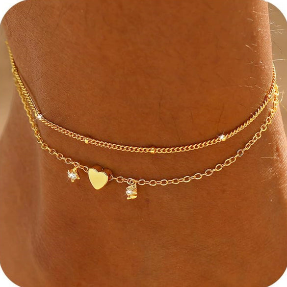 Women's Vintage Copper Multi Layer Pearl Anklet Geometric Stackable Gold Tone Foot Jewelry Casual Fashion Accessory