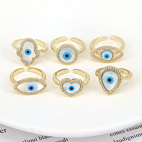 Women's Vintage Copper Open Ring With Heart Shaped Geometric Shell Eye And Zircon Electroplated Design