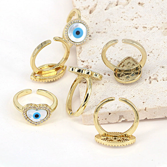 Women's Vintage Copper Open Ring With Heart Shaped Geometric Shell Eye And Zircon Electroplated Design