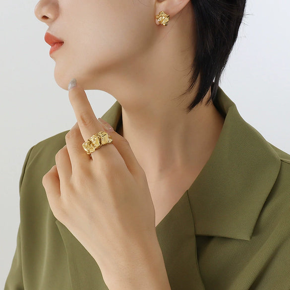 Women's Vintage Elegant Jewelry 316L Stainless Steel Embossed Bump Ring Earrings Electroplating