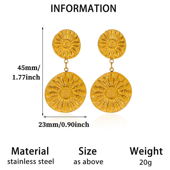 Women's Vintage Embossed Round Sunflower Drop Earrings Long Geometric Floral Design Goldplated Stainless Steel Faderesistant Wholesale Jewelry