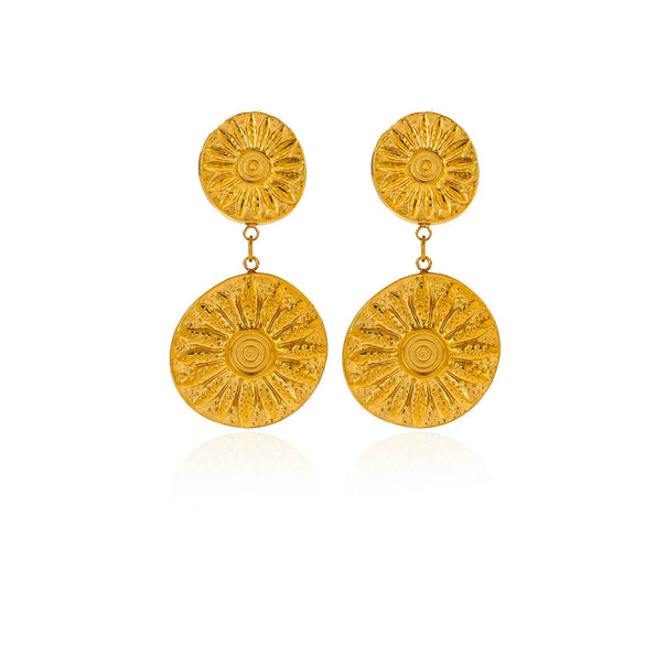 Women's Vintage Embossed Round Sunflower Drop Earrings Long Geometric Floral Design Goldplated Stainless Steel Faderesistant Wholesale Jewelry