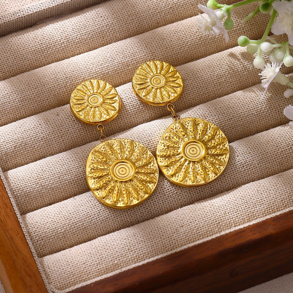 Women's Vintage Embossed Round Sunflower Drop Earrings Long Geometric Floral Design Goldplated Stainless Steel Faderesistant Wholesale Jewelry