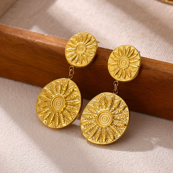 Women's Vintage Embossed Round Sunflower Drop Earrings Long Geometric Floral Design Goldplated Stainless Steel Faderesistant Wholesale Jewelry