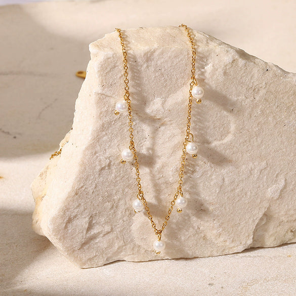 Women's Vintage Fashion Jewelry Stainless Steel And Titanium Steel Necklace With Pearl Millet Beads Tassel And Geometric Styling And Electroplating Treatment
