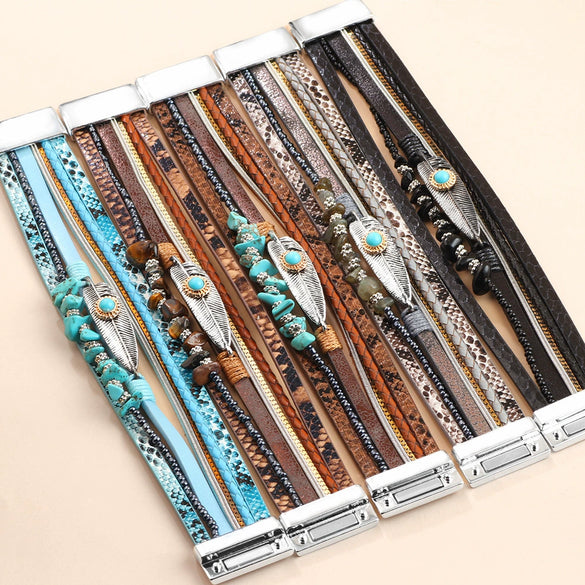 Women's Vintage Feather Geometric Multilayer Leather Bracelet Set With Precious Stones
