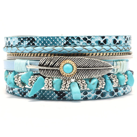 Women's Vintage Feather Geometric Multilayer Leather Bracelet Set With Precious Stones