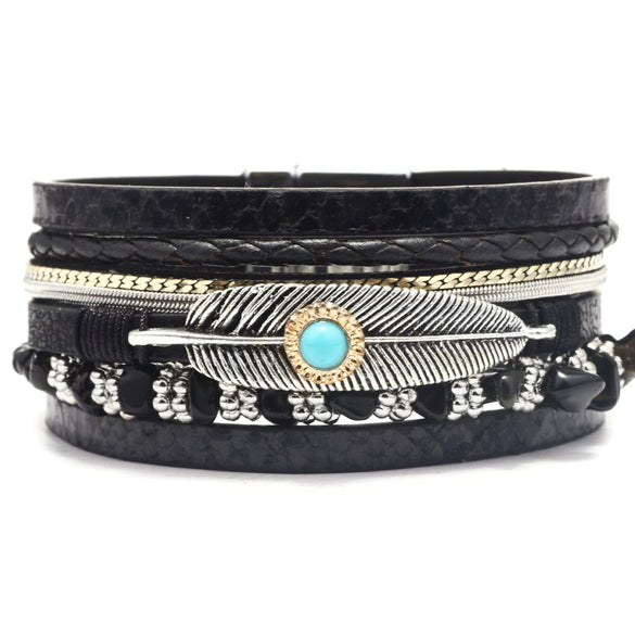 Women's Vintage Feather Geometric Multilayer Leather Bracelet Set With Precious Stones