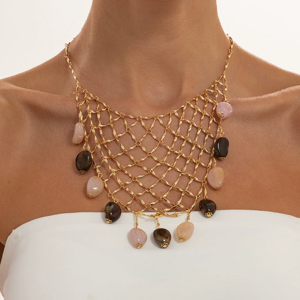Women's Vintage Geometric Alloy Mesh Chain Necklace With Tassel And Tie Dye Resin Pendant Plated Niche Style Design