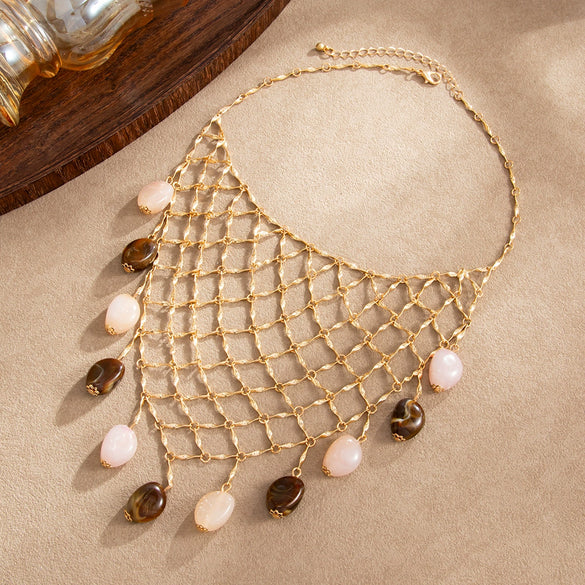 Women's Vintage Geometric Alloy Mesh Chain Necklace With Tassel And Tie Dye Resin Pendant Plated Niche Style Design