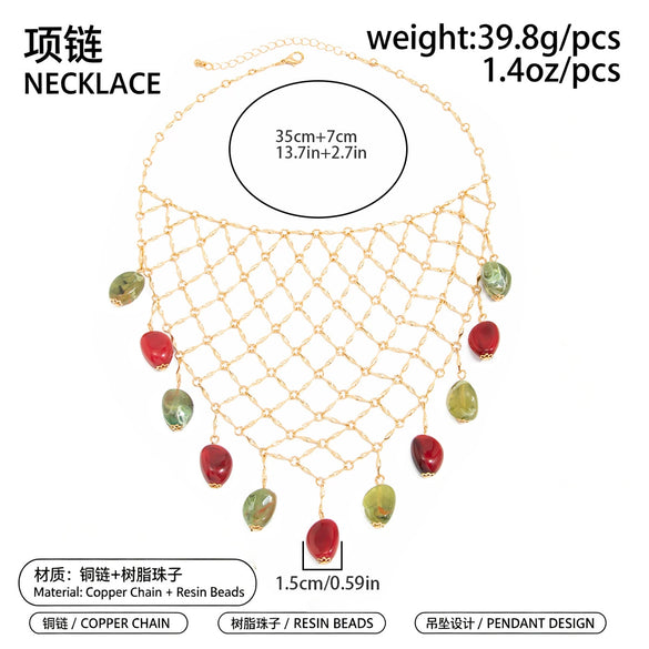 Women's Vintage Geometric Alloy Mesh Chain Necklace With Tassel And Tie Dye Resin Pendant Plated Niche Style Design