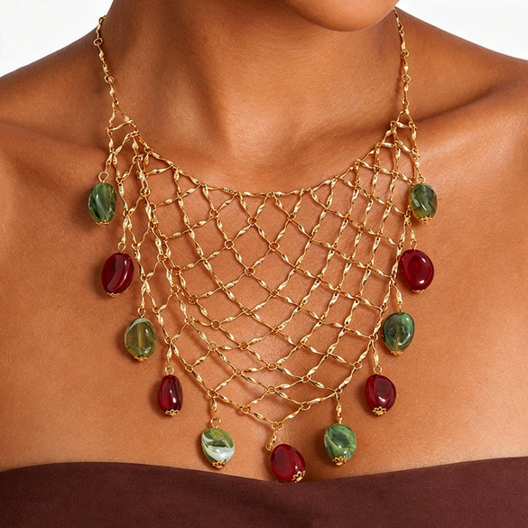 Women's Vintage Geometric Alloy Mesh Chain Necklace With Tassel And Tie Dye Resin Pendant Plated Niche Style Design