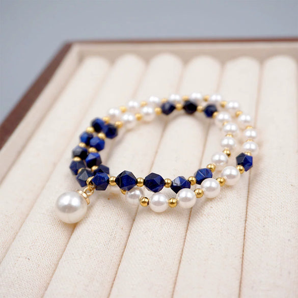 Women's Vintage Geometric Artificial Crystal And Pearl Kyanite Handmade Stitching Bracelet