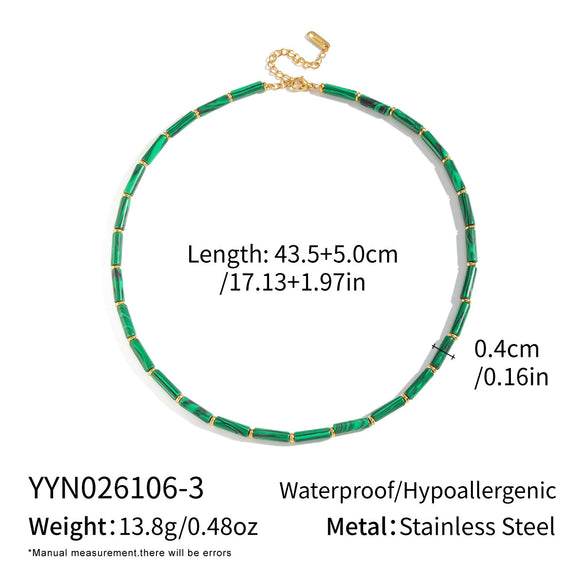 Women's Vintage Geometric Stainless Steel Bead Bracelet And Necklace Set With Green Bamboo Beads Natural Stone Accents And Pvd Gold Plating