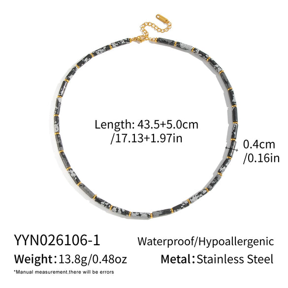 Women's Vintage Geometric Stainless Steel Bead Bracelet And Necklace Set With Green Bamboo Beads Natural Stone Accents And Pvd Gold Plating