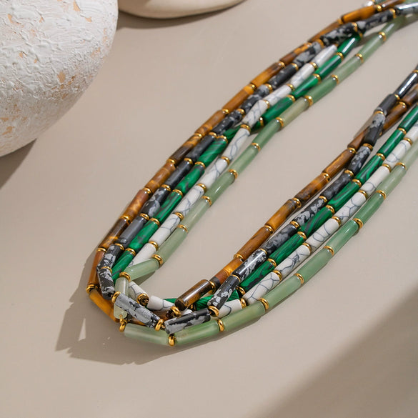 Women's Vintage Geometric Stainless Steel Bead Bracelet And Necklace Set With Green Bamboo Beads Natural Stone Accents And Pvd Gold Plating