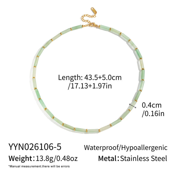 Women's Vintage Geometric Stainless Steel Bead Bracelet And Necklace Set With Green Bamboo Beads Natural Stone Accents And Pvd Gold Plating