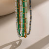 Women's Vintage Geometric Stainless Steel Bead Bracelet And Necklace Set With Green Bamboo Beads Natural Stone Accents And Pvd Gold Plating