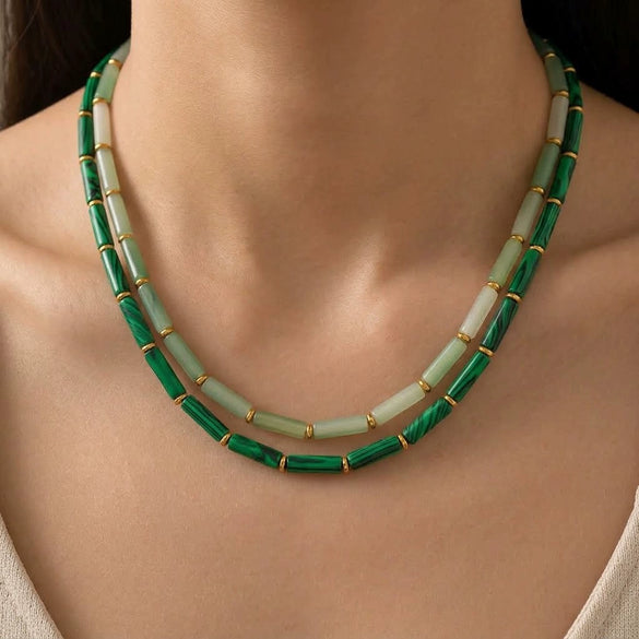 Women's Vintage Geometric Stainless Steel Bead Bracelet And Necklace Set With Green Bamboo Beads Natural Stone Accents And Pvd Gold Plating