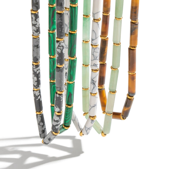 Women's Vintage Geometric Stainless Steel Bead Bracelet And Necklace Set With Green Bamboo Beads Natural Stone Accents And Pvd Gold Plating