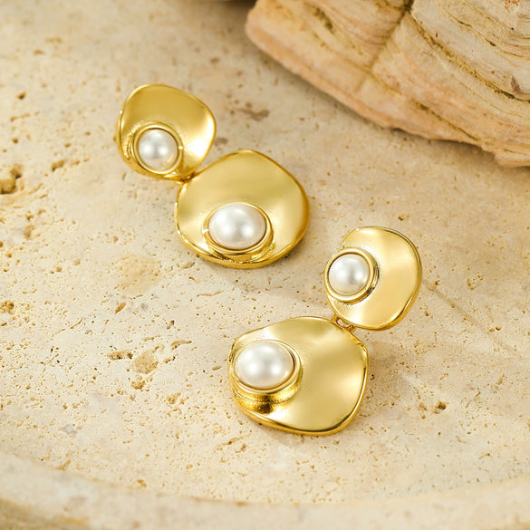 Women's Vintage Geometric Stainless Steel Round Pearl Pendant Tassel Earrings With Electroplating