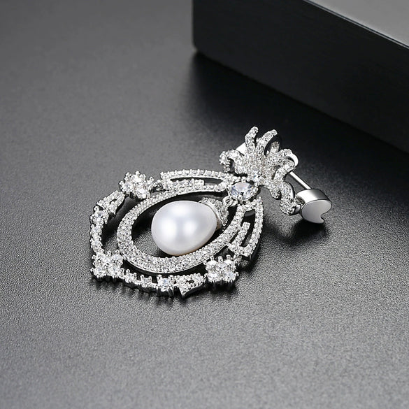 Women's Vintage Geometric Water Drop Pearl Brooch With Zircon Inlay Electroplated Copper Pin For Clothing Accessories