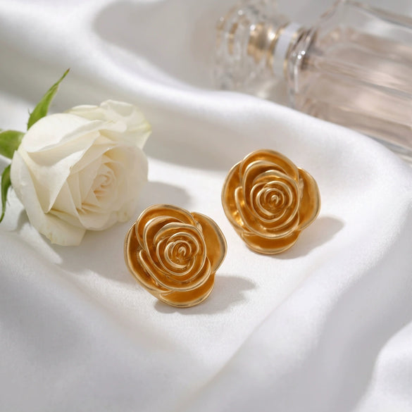 Women's Vintage Gold Tone Alloy Camellia Flower Earrings With 3D Geometric Design Electroplated Finish And Stainless Steel Posts