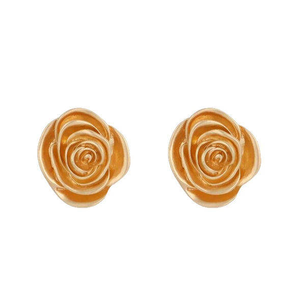 Women's Vintage Gold Tone Alloy Camellia Flower Earrings With 3D Geometric Design Electroplated Finish And Stainless Steel Posts
