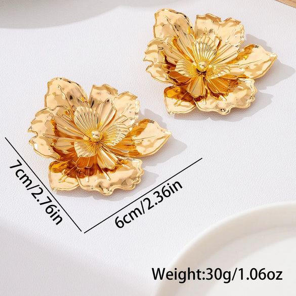 Women's Vintage Goldplated Layered Flower Earrings With Threedimensional Petal Design Electroplated Iron Alloy And Stainless Steel Posts