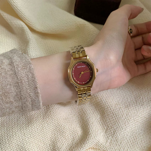 Women's Vintage Medieval Style Round Dial Watch With Flat Top Tapered Crown And Alloy Buckle