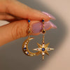Women's Vintage Natural Copper Star Moon Asymmetric Earrings With Diamond Design
