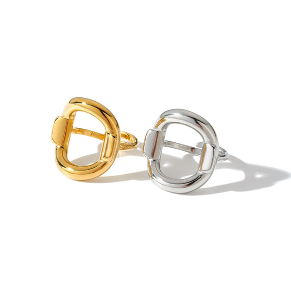 Women's Vintage Round Hollow Geometric Stainless Steel Open Ring With 18K Gold Vacuum Plating And Adjustable Design