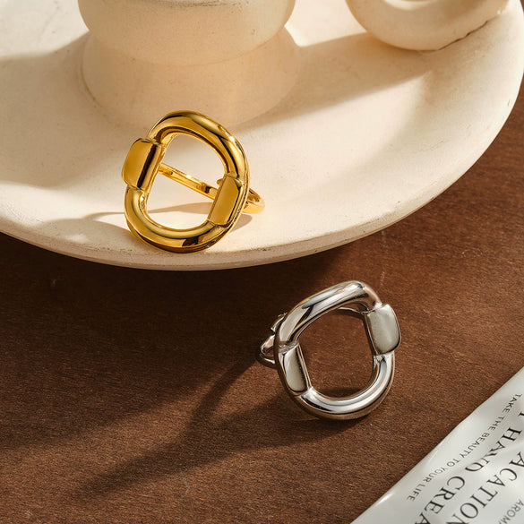 Women's Vintage Round Hollow Geometric Stainless Steel Open Ring With 18K Gold Vacuum Plating And Adjustable Design