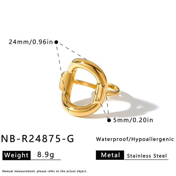 Women's Vintage Round Hollow Geometric Stainless Steel Open Ring With 18K Gold Vacuum Plating And Adjustable Design