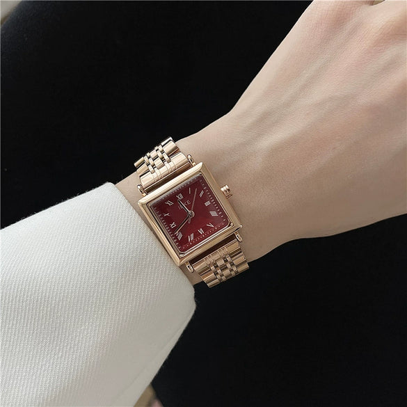 Women's Vintage Simple Square Alloy Case Quartz Watch With Steel Band