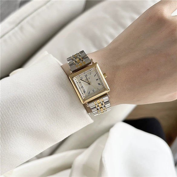 Women's Vintage Simple Square Alloy Case Quartz Watch With Steel Band
