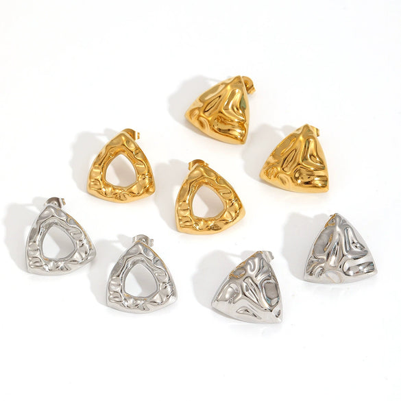Women's Vintage Stainless Steel Geometric Triangle Hammered Earrings Electroplated With 18K Gold Minimalist Style
