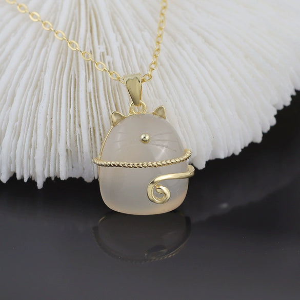 Women's Vintage Sterling Silver Animal Pendant Necklace With Agate And Chalcedony Electroplated Clavicle Chain