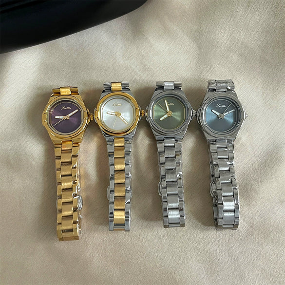 Women's Vintage Style Round Dial Alloy Case Steel Band Wristwatch With Pointer Display And Butterfly Double Snap Buckle