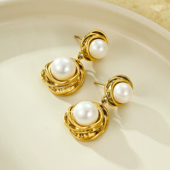 Women's Vintage Style Round Winding Pearl Pendant Stainless Steel 18K Gold Plated Earrings