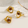 Women's Vintage Tiger Eye Stone Stainless Steel Open Ring With Geometric Line Design And Electroplated Natural Stone Inlay