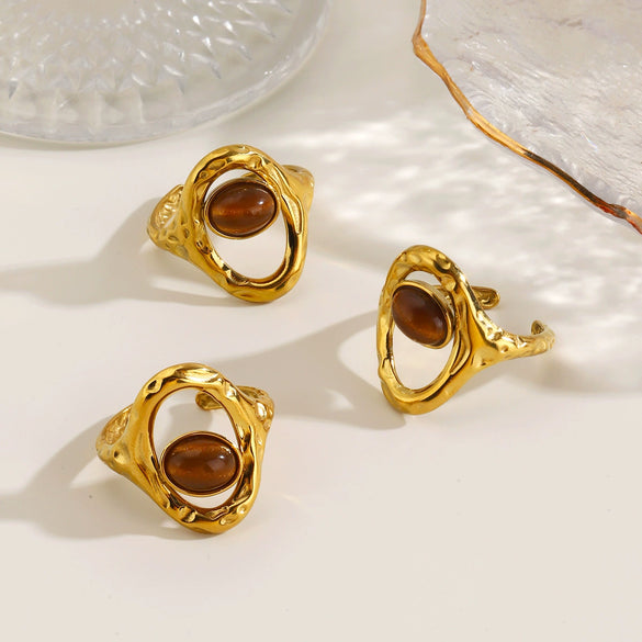 Women's Vintage Tiger Eye Stone Stainless Steel Open Ring With Geometric Line Design And Electroplated Natural Stone Inlay
