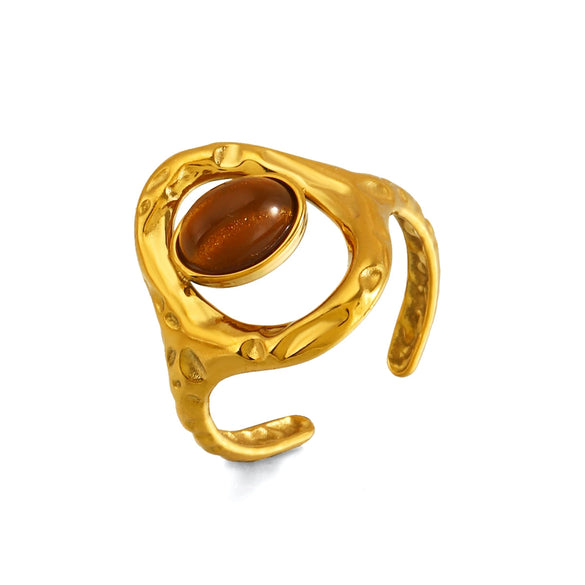 Women's Vintage Tiger Eye Stone Stainless Steel Open Ring With Geometric Line Design And Electroplated Natural Stone Inlay