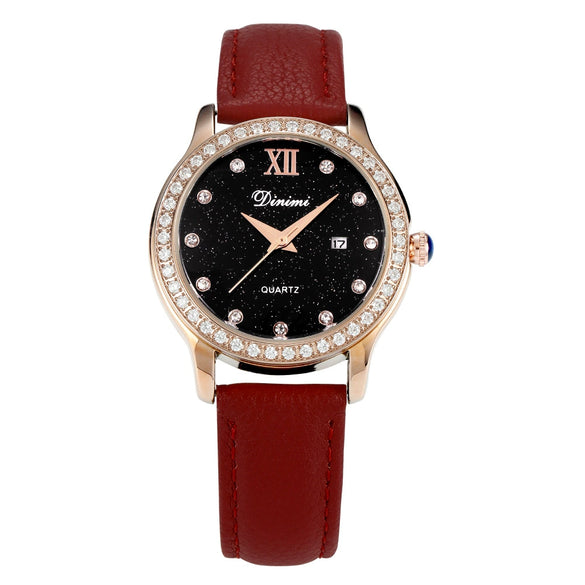 Women's Watch Alloy Case Genuine Leather Strap Round Dial Luxury Leisure Style Diamond Starry Sky Face