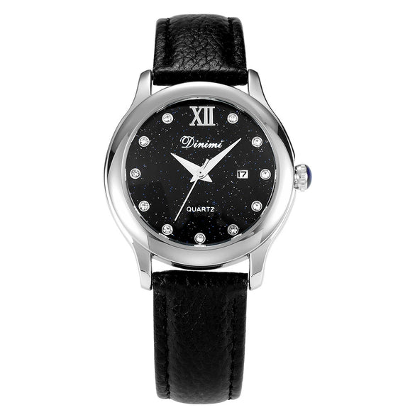 Women's Watch Alloy Case Genuine Leather Strap Round Dial Luxury Leisure Style Diamond Starry Sky Face