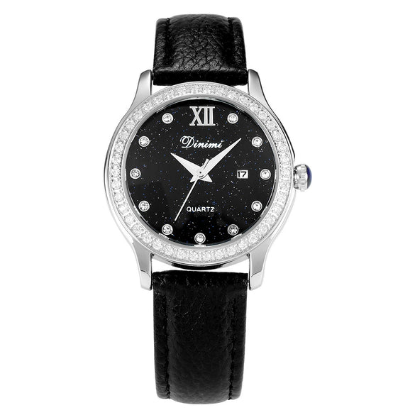 Women's Watch Alloy Case Genuine Leather Strap Round Dial Luxury Leisure Style Diamond Starry Sky Face