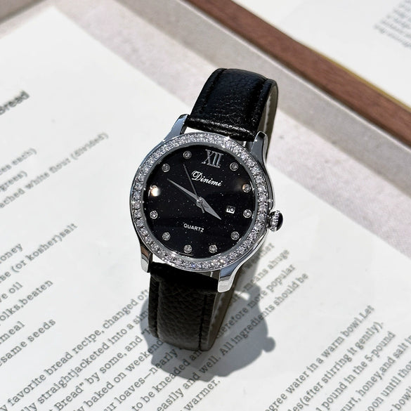 Women's Watch Alloy Case Genuine Leather Strap Round Dial Luxury Leisure Style Diamond Starry Sky Face