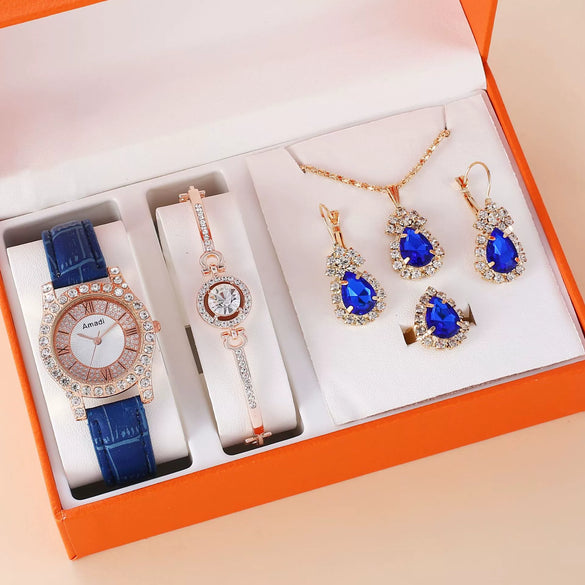 Women's Watch And Jewelry Set Alloy Gold Imitation Leather Round Dial Luxury Style