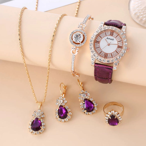 Women's Watch And Jewelry Set Alloy Gold Imitation Leather Round Dial Luxury Style